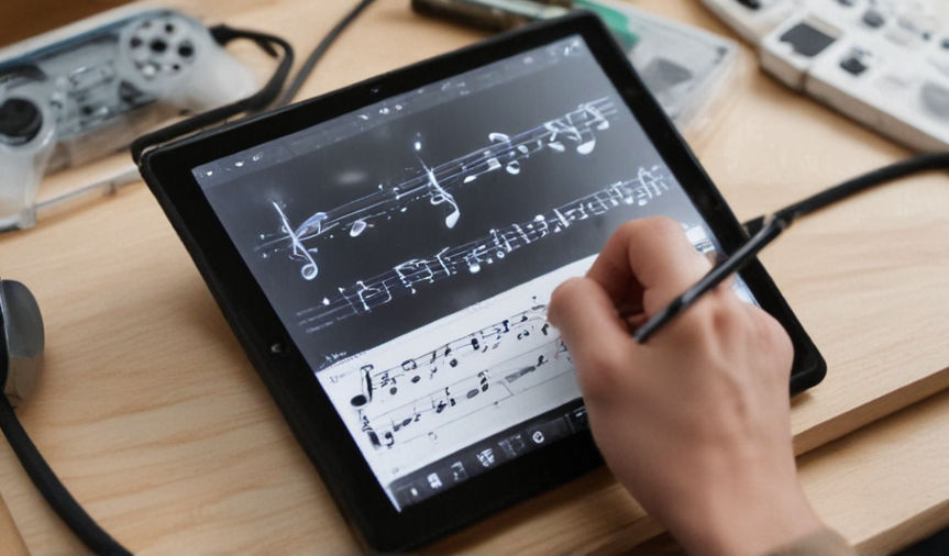 An artist uses a music note tablet to create music for a video game, showing how technology and creativity work together.
