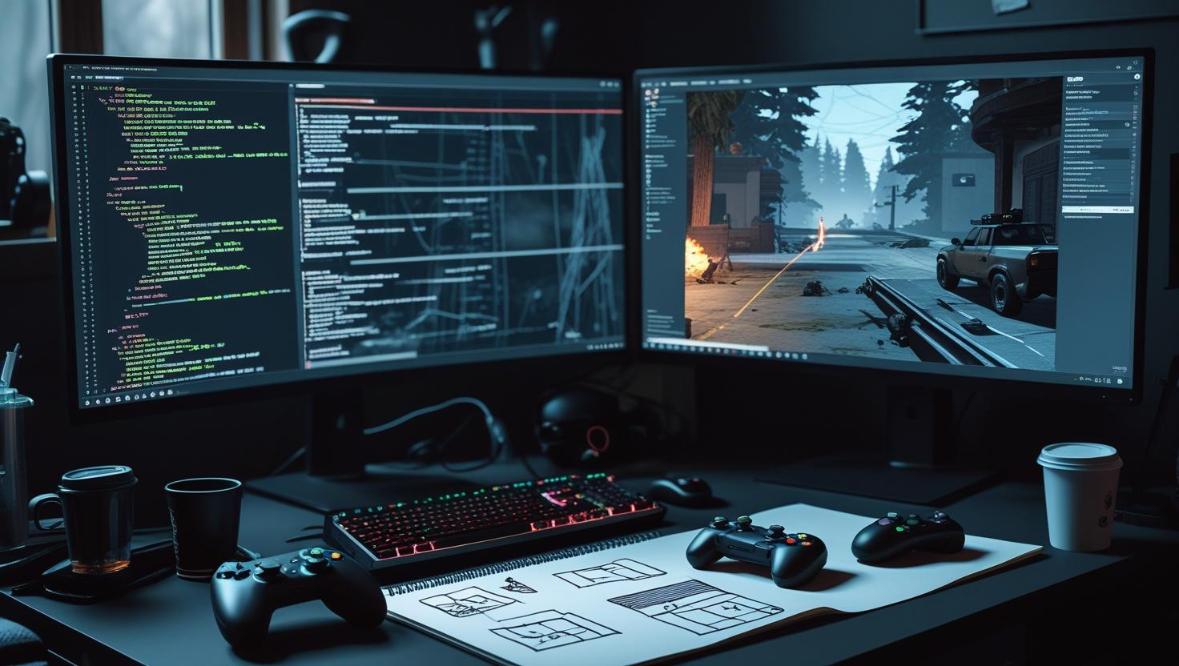 Game developer analyzing tactical shooter AI with cheat-code overlays and visual references.