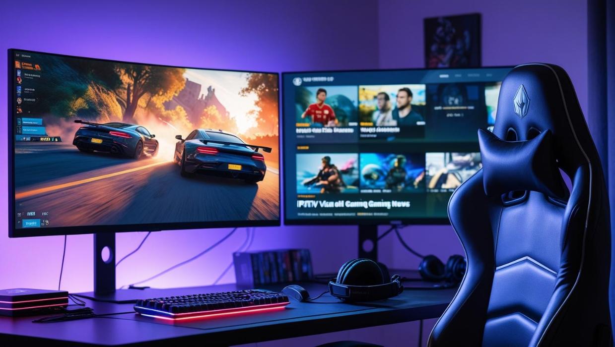 Dual-screen gaming setup showing IPTV stream beside an intense paused game moment.